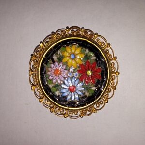 Vintage Micro Mosaic Pin Brooch Italy Gold Tone